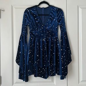 Velvet V-neck Star & Moon Pattern Bell Sleeve Romper- Cider